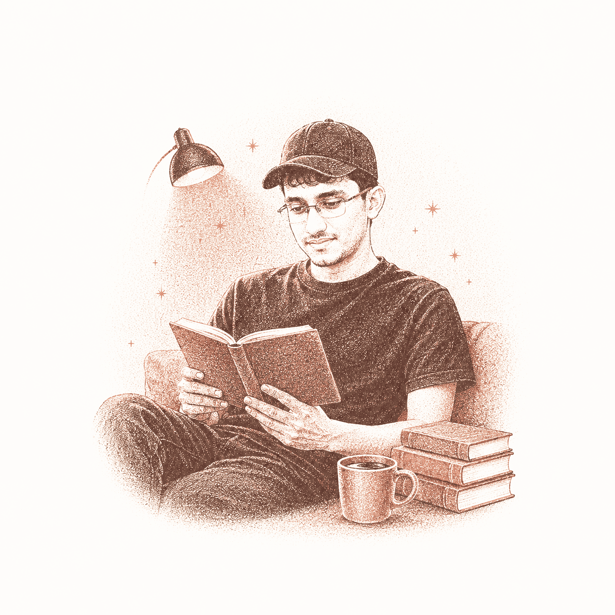 Risograph illustration of books and reading notes.