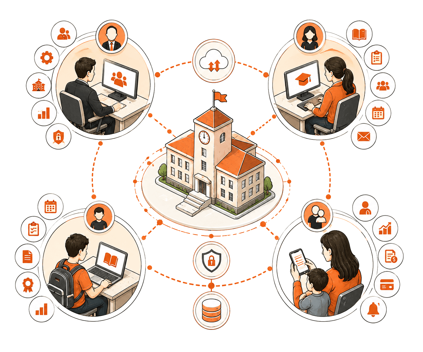 School management dashboard with role-based portals for administrators, teachers, students, and parents.