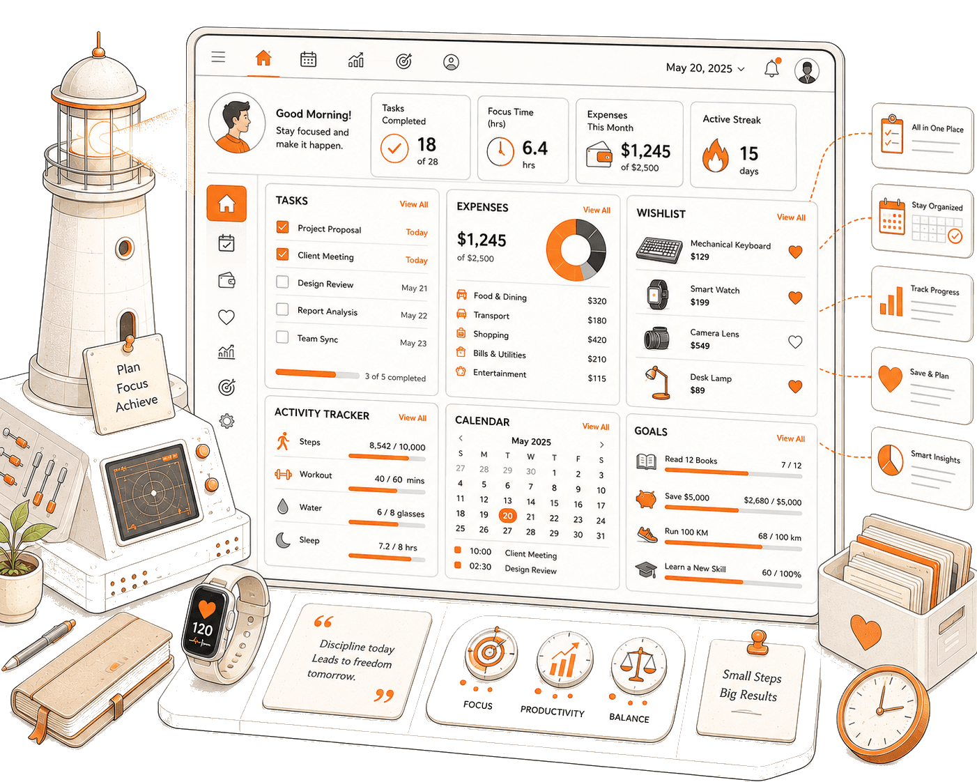 Personal productivity dashboard with tasks, expenses, and activity tracking modules.