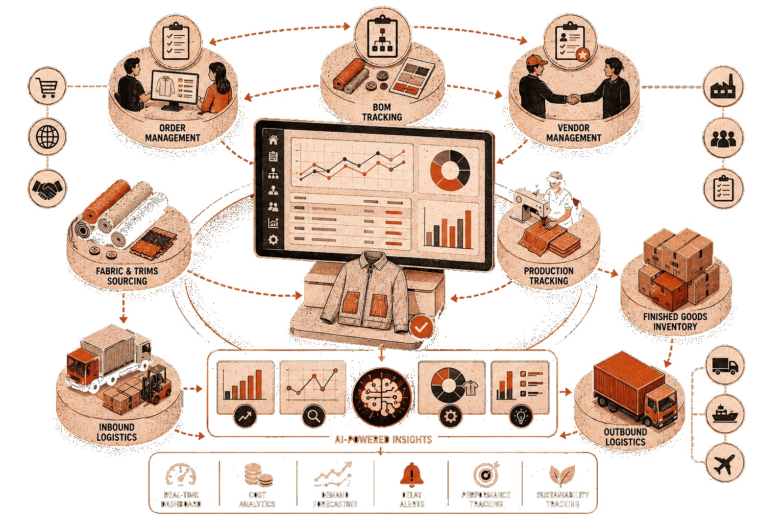 Supply chain management interface with order tracking, BOM management, and vendor dashboards.