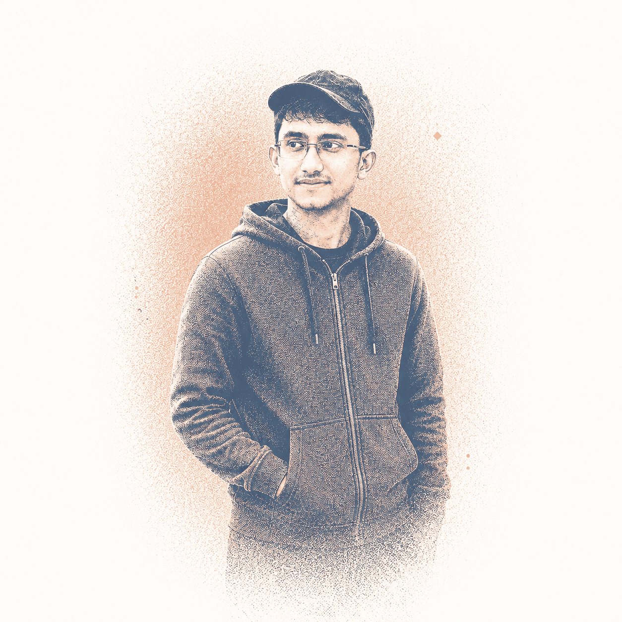 Risograph portrait of Adnan Bin Hossen with warm halftone texture.