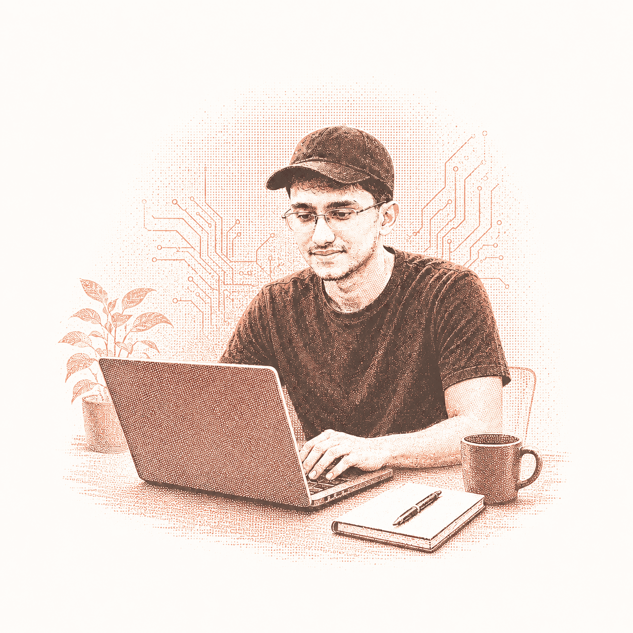 Risograph illustration of Adnan Bin Hossen working at a laptop.